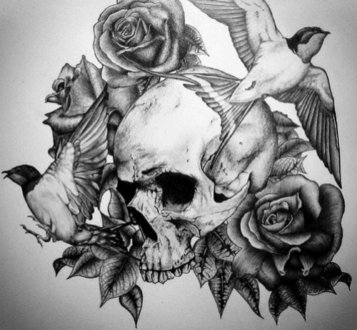 Rose Flowers And Skull Black And White Tattoo Design